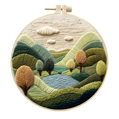 Meecaa Stickerei Kit Starter Set, Berge Bäume Seen Wolken Handstickerei Set, Muster Gedruckt Kreuzstich Set für Anfänger Erwachsene, mit Stickrahmen und Anleitung (Berge) von Meecaa