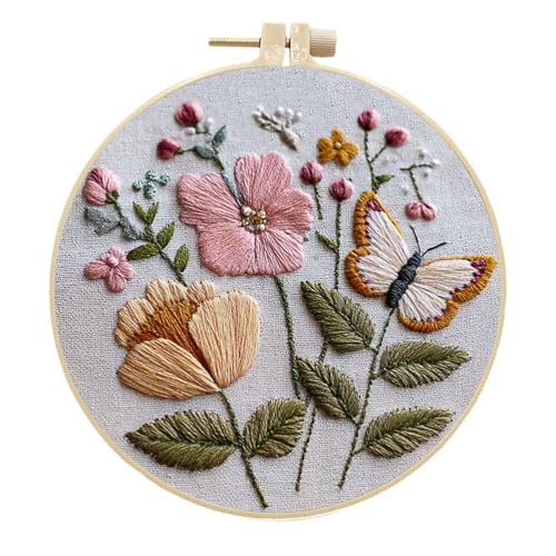 Meecaa Stickerei Kit Starter Set, Blume Schmetterling Handstickerei Set, Muster Gedruckt Kreuzstich Set für Anfänger Erwachsene, mit Stickrahmen und Anleitung (Blume) von Meecaa