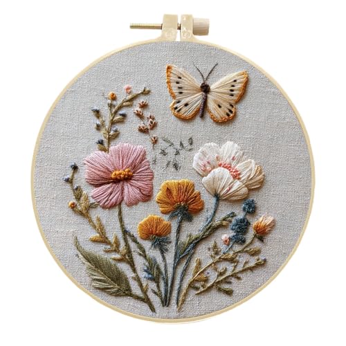 Meecaa Stickerei Kit Starter Set, Blume Schmetterling Handstickerei Set, Muster Gedruckt Kreuzstich Set für Anfänger Erwachsene, mit Stickrahmen und Anleitung (Blume 2) von Meecaa