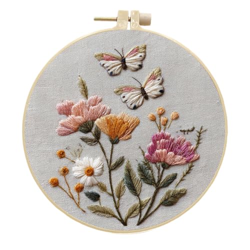 Meecaa Stickerei Kit Starter Set, Blume Schmetterling Handstickerei Set, Muster Gedruckt Kreuzstich Set für Anfänger Erwachsene, mit Stickrahmen und Anleitung (Blume 3) von Meecaa