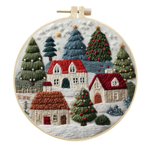 Meecaa Stickerei Kit Starter Set, Haus Weihnachtsbaum Handstickerei Set, Muster Gedruckt Kreuzstich Set für Anfänger Erwachsene, mit Stickrahmen und Anleitung (Haus) von Meecaa