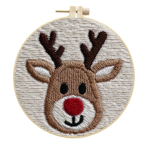 Meecaa Stickerei Kit Starter Set, Hirsch Weihnachten Handstickerei Set, Muster Gedruckt Kreuzstich Set für Anfänger Erwachsene, mit Stickrahmen und Anleitung (Hirsch) von Meecaa