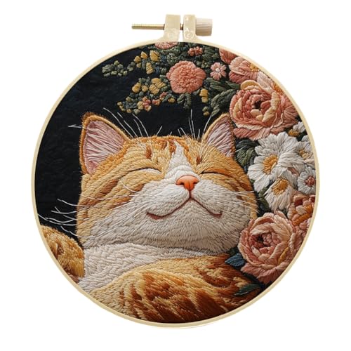 Meecaa Stickerei Kit Starter Set, Katze Blume Tier Handstickerei Set, Muster Gedruckt Kreuzstich Set für Anfänger Erwachsene, mit Stickrahmen und Anleitung (Katze) von Meecaa