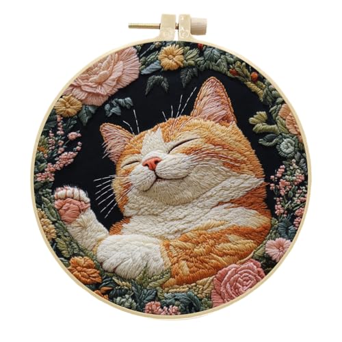 Meecaa Stickerei Kit Starter Set, Katze Blume Tier Handstickerei Set, Muster Gedruckt Kreuzstich Set für Anfänger Erwachsene, mit Stickrahmen und Anleitung (Katze 3) von Meecaa
