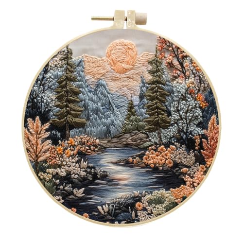 Meecaa Stickerei Kit Starter Set, Landschaft Bäume Bach Berge Handstickerei Set, Muster gedruckt Kreuzstich Set für Anfänger Erwachsene, mit Stickrahmen und Anleitung (Landschaft 3) von Meecaa