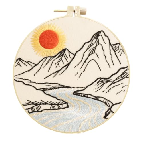 Meecaa Stickerei Kit Starter Set, Landschaft Berg Sonne See Handstickerei Set, Muster Gedruckt Kreuzstich Set für Anfänger Erwachsene, mit Stickrahmen und Anleitung (Landschaft 1) von Meecaa