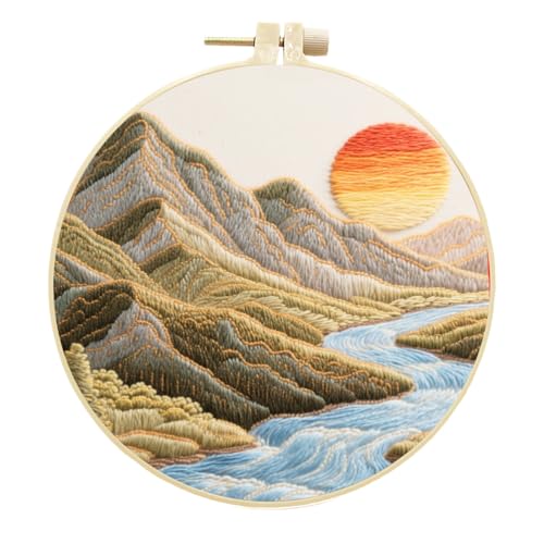 Meecaa Stickerei Kit Starter Set, Landschaft Berg Sonne See Handstickerei Set, Muster Gedruckt Kreuzstich Set für Anfänger Erwachsene, mit Stickrahmen und Anleitung (Landschaft 4) von Meecaa