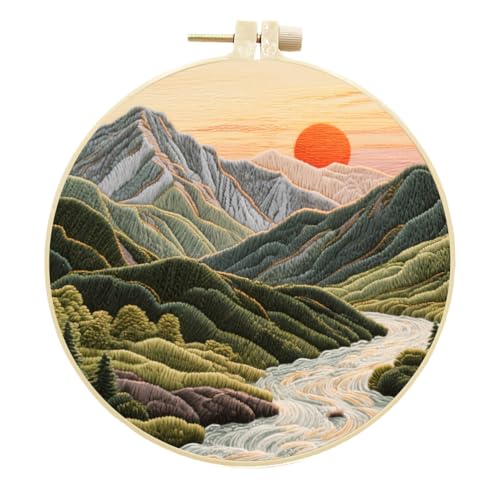 Meecaa Stickerei Kit Starter Set, Landschaft Berg Sonne See Handstickerei Set, Muster Gedruckt Kreuzstich Set für Anfänger Erwachsene, mit Stickrahmen und Anleitung (Landschaft 6) von Meecaa