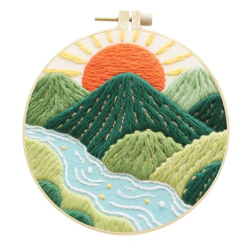 Meecaa Stickerei Kit Starter Set, Landschaft Berg Sonne See Handstickerei Set, Muster Gedruckt Kreuzstich Set für Anfänger Erwachsene, mit Stickrahmen und Anleitung (Landschaft 8) von Meecaa