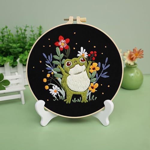 Meecaa Stickerei Kit Starter Set, Lotus Tier Frosch Blume Handstickerei Set, Muster Gedruckt Kreuzstich Set für Anfänger Erwachsene, mit Stickrahmen und Anleitung (Frosch 4) von Meecaa