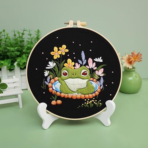 Meecaa Stickerei Kit Starter Set, Lotus Tier Frosch Blume Handstickerei Set, Muster Gedruckt Kreuzstich Set für Anfänger Erwachsene, mit Stickrahmen und Anleitung (Frosch 5) von Meecaa