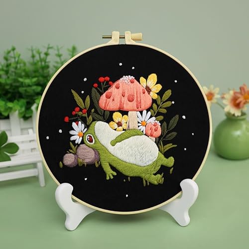 Meecaa Stickerei Kit Starter Set, Lotus Tier Frosch Blume Pilz Handstickerei Set, Muster Gedruckt Kreuzstich Set für Anfänger Erwachsene, mit Stickrahmen und Anleitung (Frosch 3) von Meecaa