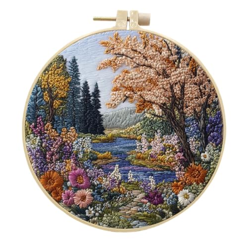 Meecaa Stickerei Kit Starter Set, See Baum Blume Landschaft Handstickerei Set, Muster Gedruckt Kreuzstich Set für Anfänger Erwachsene, mit Stickrahmen und Anleitung (Landschaft 5) von Meecaa