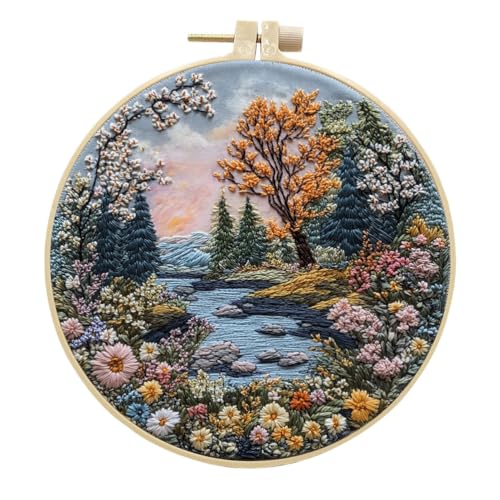 Meecaa Stickerei Kit Starter Set, See Baum Blume Landschaft Handstickerei Set, Muster gedruckt Kreuzstich Set für Anfänger Erwachsene, mit Stickrahmen und Anleitung (Landschaft 3) von Meecaa