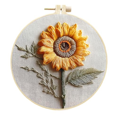 Meecaa Stickerei Kit Starter Set, Sonnenblume Blume Handstickerei Set, Muster gedruckt Kreuzstich Set für Anfänger Erwachsene, mit Stickrahmen und Anleitung (Sonnenblume) von Meecaa