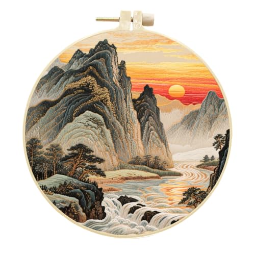 Meecaa Stickerei Kit Starter Set, Sonnenlandschaft See Berg Handstickerei Set, Muster gedruckt Kreuzstich Set für Anfänger Erwachsene, mit Stickrahmen und Anleitung (Sonne) von Meecaa