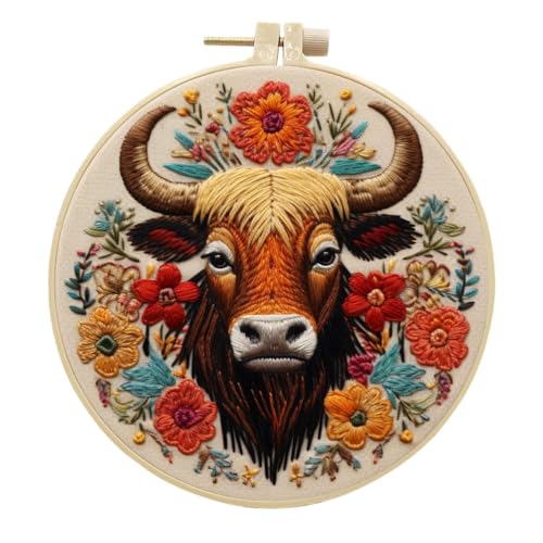 Meecaa Stickerei Kit Starter Set, Stier Blume Tier Handstickerei Set, Muster Gedruckt Kreuzstich Set für Anfänger Erwachsene, mit Stickrahmen und Anleitung (Bull) von Meecaa