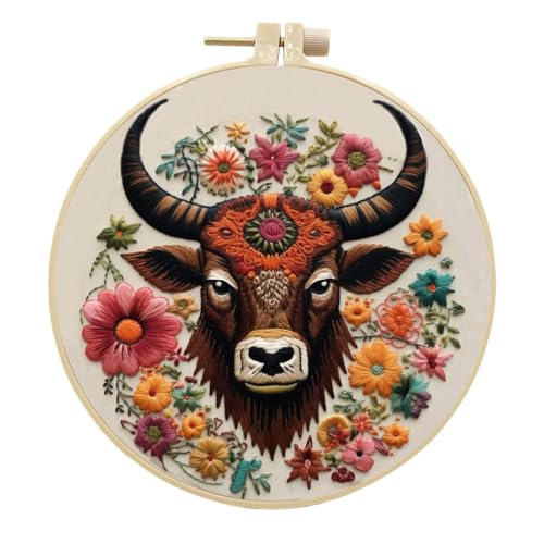 Meecaa Stickerei Kit Starter Set, Stier Blume Tier Handstickerei Set, Muster Gedruckt Kreuzstich Set für Anfänger Erwachsene, mit Stickrahmen und Anleitung (Bull 1) von Meecaa