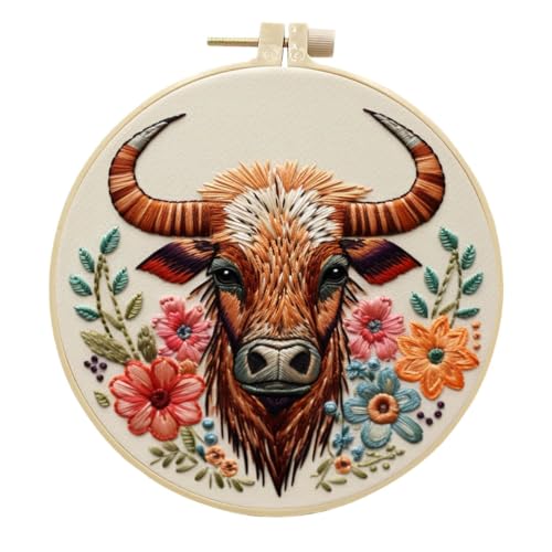 Meecaa Stickerei Kit Starter Set, Stier Blume Tier Handstickerei Set, Muster Gedruckt Kreuzstich Set für Anfänger Erwachsene, mit Stickrahmen und Anleitung (Bull 2) von Meecaa