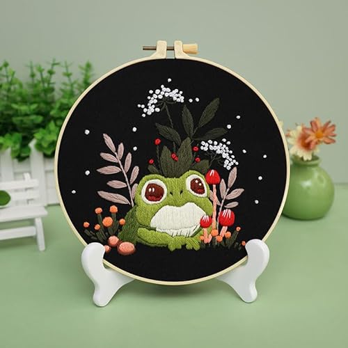 Meecaa Stickerei Kit Starter Set, Tier Frosch Blume Handstickerei Set, Muster Gedruckt Kreuzstich Set für Anfänger Erwachsene, mit Stickrahmen und Anleitung (Frosch) von Meecaa