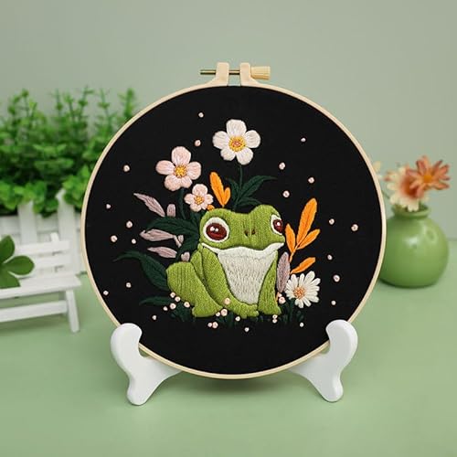 Meecaa Stickerei Kit Starter Set, Tier Frosch Blume Handstickerei Set, Muster Gedruckt Kreuzstich Set für Anfänger Erwachsene, mit Stickrahmen und Anleitung (Frosch 1) von Meecaa