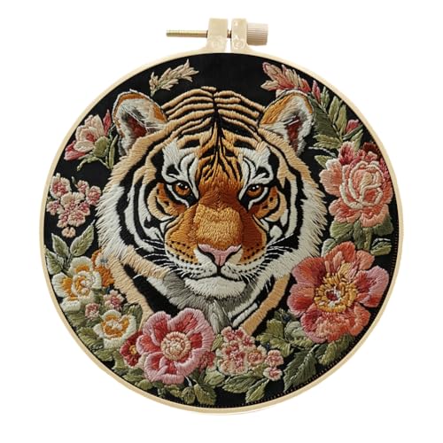 Meecaa Stickerei Kit Starter Set, Tiger Tier Blume Handstickerei Set, Muster Gedruckt Kreuzstich Set für Anfänger Erwachsene, mit Stickrahmen und Anleitung (Tiger 1) von Meecaa