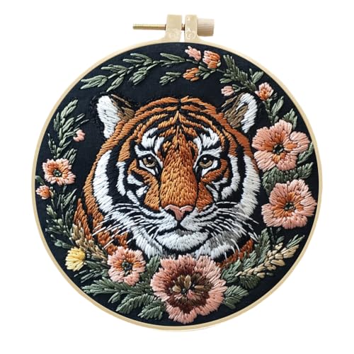 Meecaa Stickerei Kit Starter Set, Tiger Tier Blume Handstickerei Set, Muster Gedruckt Kreuzstich Set für Anfänger Erwachsene, mit Stickrahmen und Anleitung (Tiger 2) von Meecaa