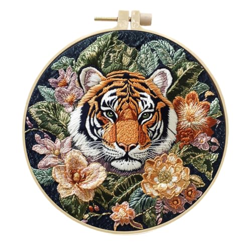 Meecaa Stickerei Kit Starter Set, Tiger Tier Blume Handstickerei Set, Muster Gedruckt Kreuzstich Set für Anfänger Erwachsene, mit Stickrahmen und Anleitung (Tiger 3) von Meecaa