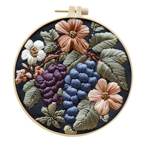 Meecaa Stickerei Kit Starter Set, Traubenfrucht Blumen Handstickerei Set, Muster gedruckt Kreuzstich Set für Anfänger Erwachsene, mit Stickrahmen und Anleitung (Grape 2) von Meecaa