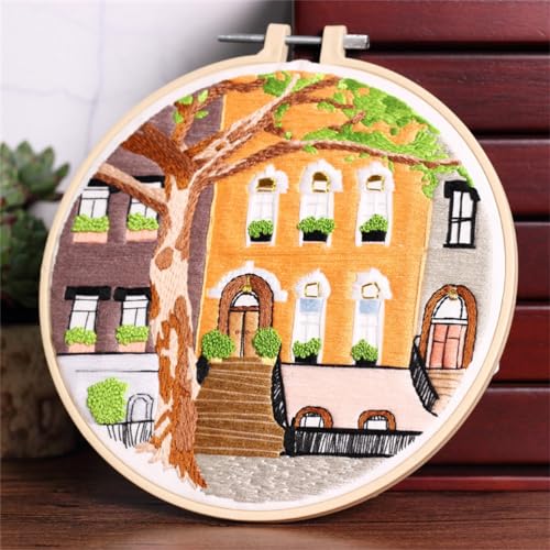 Meecaa Stickset, Motiv: Baum, Blume, Berghaus, Starter-Set, Handstickerei-Set, gemustertes Kreuzstich-Set für Anfänger und Erwachsene, mit Stickrahmen und Anleitung (Landschaft 6) von Meecaa