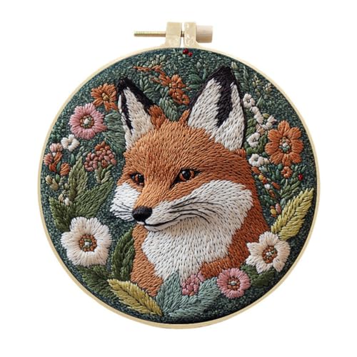 Meecaa Stickset Fuchs, Tierblumen, Starter-Set, Handstickerei-Set, gemustertes Kreuzstich-Set für Anfänger und Erwachsene, mit Stickrahmen und Anleitung (Fuchs) von Meecaa