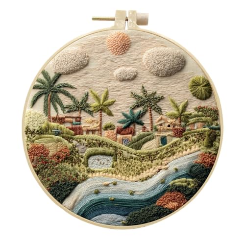 Meecaa Stickset Starter-Set, Baumlandschaft, See, Dorf, Handstickerei, Muster, gedrucktes Kreuzstich-Set für Anfänger Erwachsene, mit Stickrahmen und Anleitung (Landschaft 1) von Meecaa