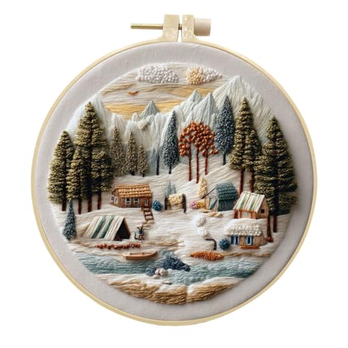 Meecaa Stickset Starter-Set, Baumlandschaft, See, Dorf, Handstickerei, Muster, gedrucktes Kreuzstich-Set für Anfänger Erwachsene, mit Stickrahmen und Anleitung (Landschaft 2) von Meecaa