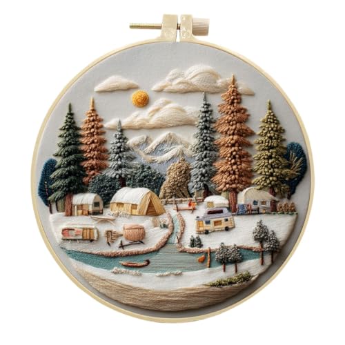 Meecaa Stickset Starterset Baumlandschaft See Dorf Handstickerei Set Muster gedruckt Kreuzstich Set für Anfänger Erwachsene mit Stickrahmen und Anleitung (Baum) von Meecaa
