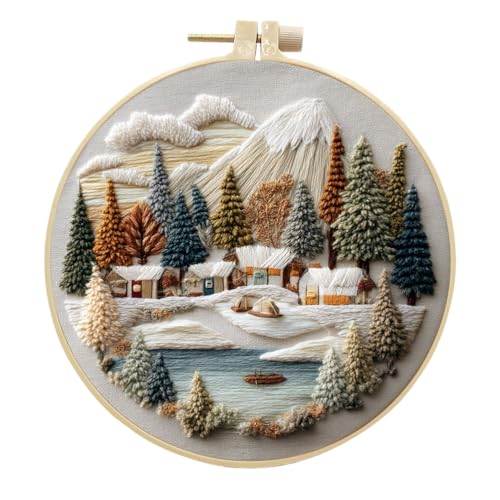 Meecaa Stickset Starterset Baumlandschaft See Dorf Handstickerei Set Muster gedruckt Kreuzstich Set für Anfänger Erwachsene mit Stickrahmen und Anleitung (Landschaft) von Meecaa