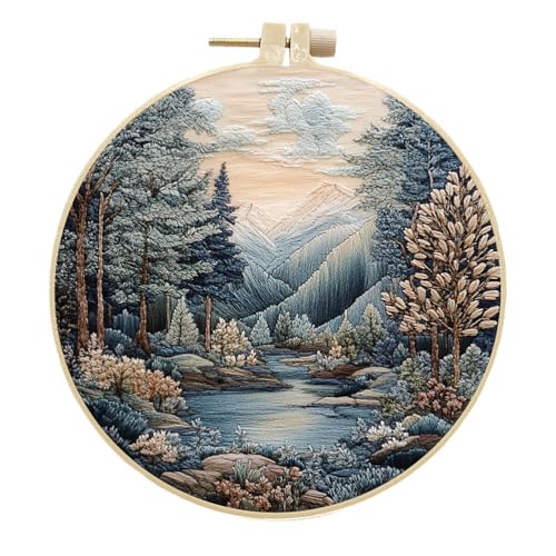 Meecaa Stickset Starterset Landschaft Bäume Bach Berge Handstickerei Set Muster gedruckt Kreuzstich Set für Anfänger Erwachsene mit Stickrahmen und Anleitung (Querformat) von Meecaa