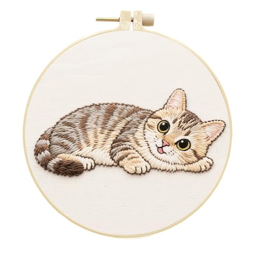 Meecaa Stickset Starterset Tabby Katze Tier Handstickerei Set Muster Gedruckt Kreuzstich Set für Anfänger Erwachsene mit Stickrahmen und Anleitung (Cat 3) von Meecaa