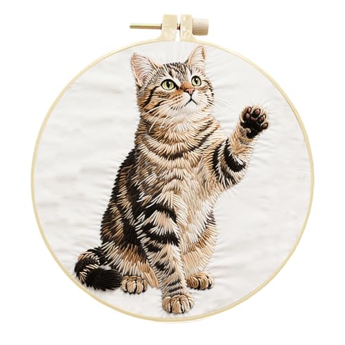 Meecaa Stickset Starterset Tabby Katze Tier Handstickerei Set Muster Gedruckt Kreuzstich Set für Anfänger Erwachsene mit Stickrahmen und Anleitung (Katze) von Meecaa