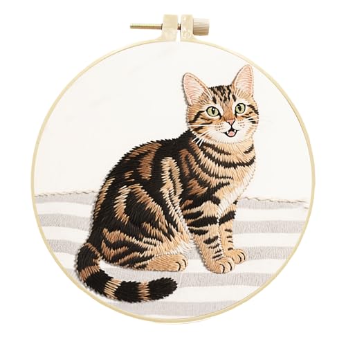 Meecaa Stickset Starterset Tabby Katze Tier Handstickerei Set Muster Gedruckt Kreuzstich Set für Anfänger Erwachsene mit Stickrahmen und Anleitung (Katze 2) von Meecaa