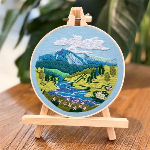 Meecaa Stickset mit Flussbaum, Blume, Wolke, Berg, Stickset, Handstickset, Muster, bedrucktes Kreuzstich-Set für Anfänger und Erwachsene, mit Stickrahmen und Anleitung (Querformat) von Meecaa
