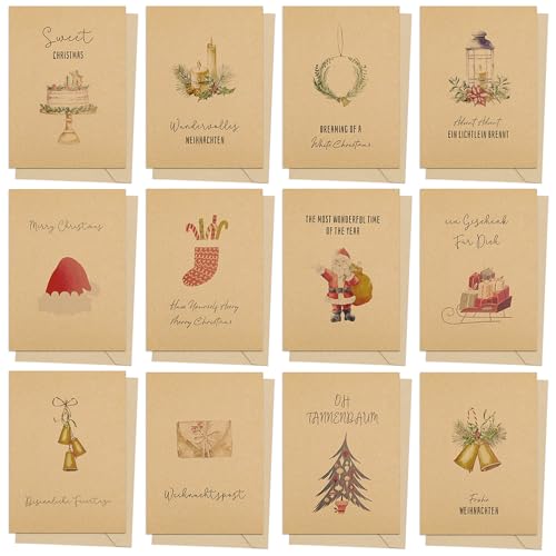 MEEJOY Weihnachtskarten, 12 Stück Weihnachtskarten mit Umschlag Set, A6 Klappkarten Weihnachten Kraft, Weihnachtspostkarten Weihnachtskarten Klein mit Aufkleber für deine Weihnachtsgrüße von MEEJOY