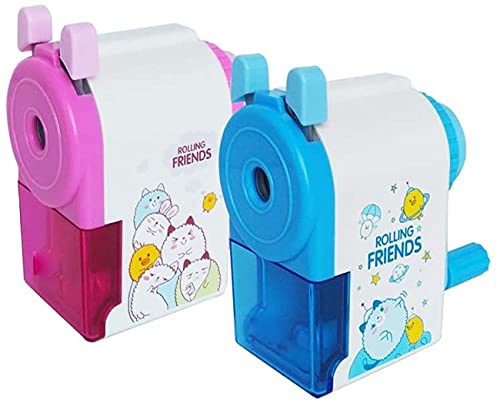Meet-shop Anspitzer Bleistift,Spitzer 2 Stücke Anspitzer Manuelle Spitzmaschine Karikatur Handheld Spitzer mit Behälter für Kinder Schreibtisch Zuhause Schule Büro Lieferungen Geschenk (Blau＋Rosa) von Meet-shop