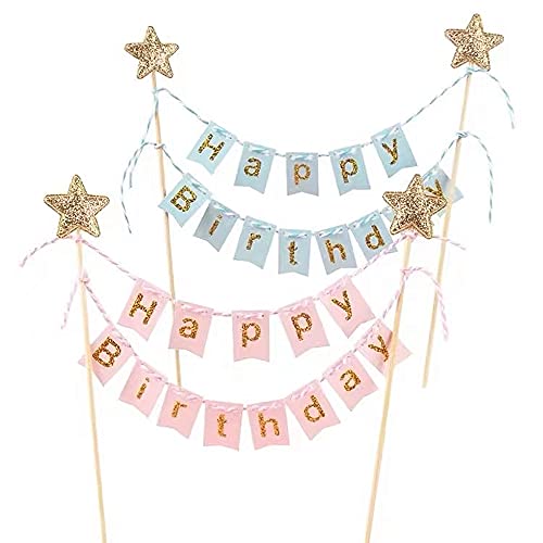 Meet-shop Kuchen Topper,Cake Topper Banner,2pcs“Happy Birthday”Geburtstags Kuchen Dekoration für Torten Cupcake Kindergeburtstag Party Pink Blau von Meet-shop