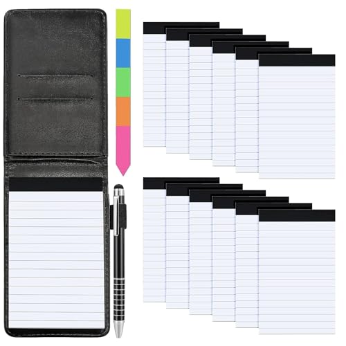 Meetory 15-teiliges kleines Mini-Notizblock-Set, inklusive A7 PU-Leder-Notizbuch, Stifthalter mit 50 linierten Blättern, 12 Notizblock-Nachfüllpackungen mit 30 linierten Papieren, Metallstift und von Meetory
