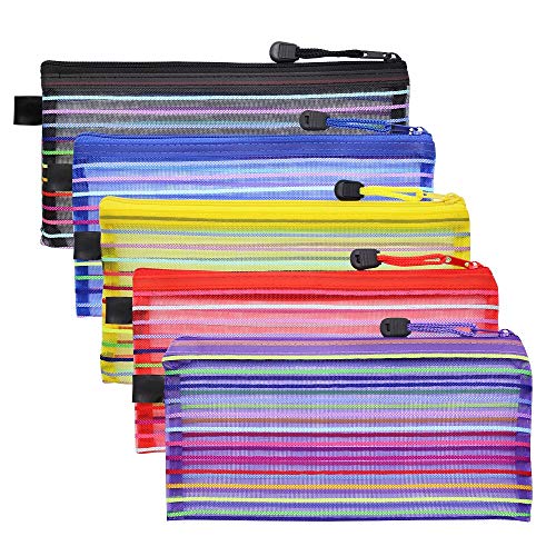 Meetory Reißverschlusstaschen aus Netzstoff, bunt, klein, mit Regenbogenstreifen, Mehrzweck-Bleistiftmäppchen, für Reisen, Kosmetik, Büro, als Organizer für Sammelmappe, für Make-up-Zubehör, in 5 Farben, 15 Stück von Meetory