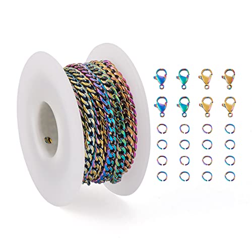 Mega Pet 5 m lange Edelstahl-Panzerketten mit Biegeringen und Karabinerverschlüssen, Regenbogen-Ketten, Halsketten-Armband, Metallketten für DIY-Schmuckherstellung von Mega Pet
