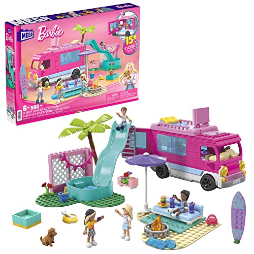 Barbie Traumwohnmobil - Bauspielzeug mit Bett auf dem Dach, komplett ausgestatteter Küche und Zubehör für Kleidung und Essen, 4 kleinen Barbie-Puppen und 1 Hündchen, für Kinder ab 6 Jahren, HPN80 Barbie Traumwohnmobil - Bauspielzeug mit Bett auf dem Dach, komplett ausgestatteter Küche und Zubehör für Kleidung und Essen, 4 kleinen Barbie-Puppen und 1 Hündchen, für Kinder ab 6 Jahren, HPN80 von Mega Brands