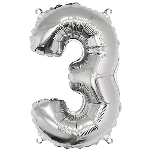 Rayher 87035606 Zahl 3 Party-/Folienballon, silber, 40cm hoch, zum Befüllen mit Luft, für Geburtstag, Silverster, Jubiläum von Rayher