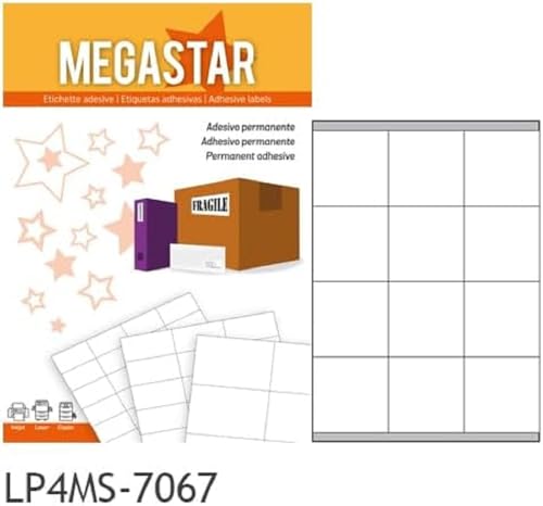 MEGASTAR Klebeetiketten, 70 x 67,7 mm, 12 Etiketten pro Blatt, Laser und inkjet, 100 Blatt, LP4MS-7067 von Megastar