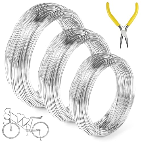 Basteldraht, 3 Rollen Aluminium-Draht, 0,8 mm, 1,0 mm, 1,5 mm Schmuckdraht, Flexibler Metalldraht Silberdraht Bindedraht Mit Zange für Schmuckherstellung Bastelarbeiten(10 m/Rolle) von Megcdtr